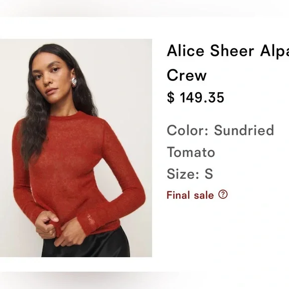 Reformation Alice Sheer Alpaca Crew Red - Size S - Picture 1 of 2